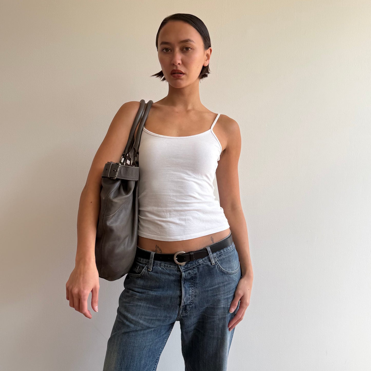 Grey leather buckle bag - One Size