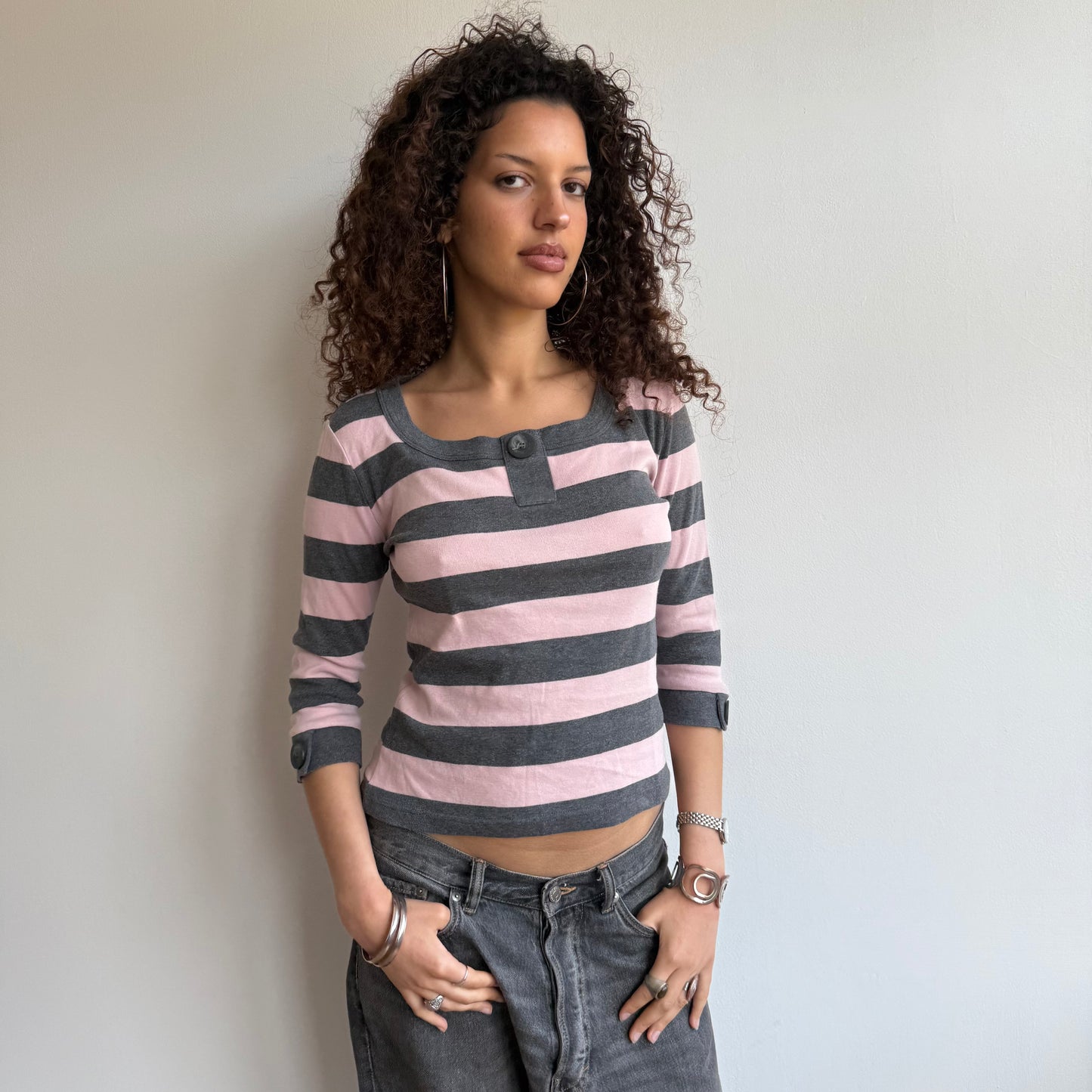 Grey + pink striped top - Size M