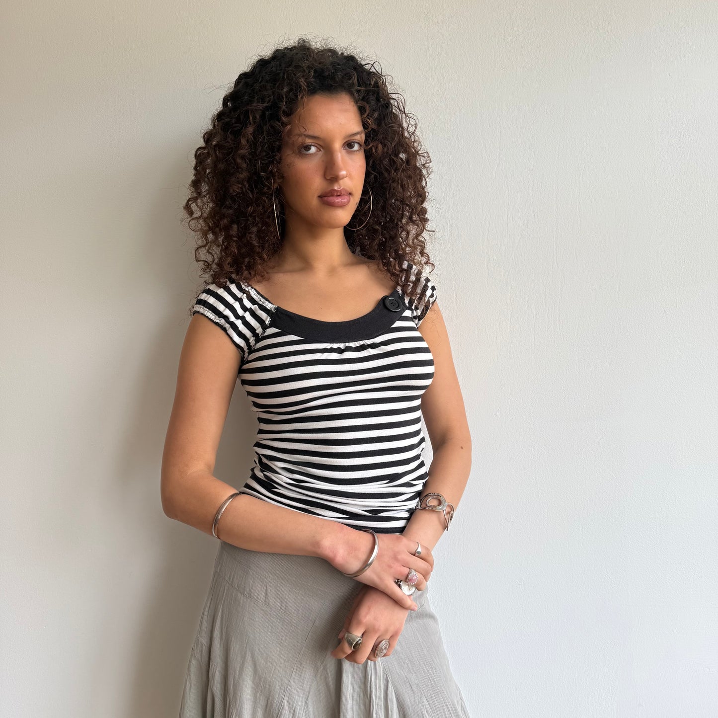 Black+ white striped button top - Size S