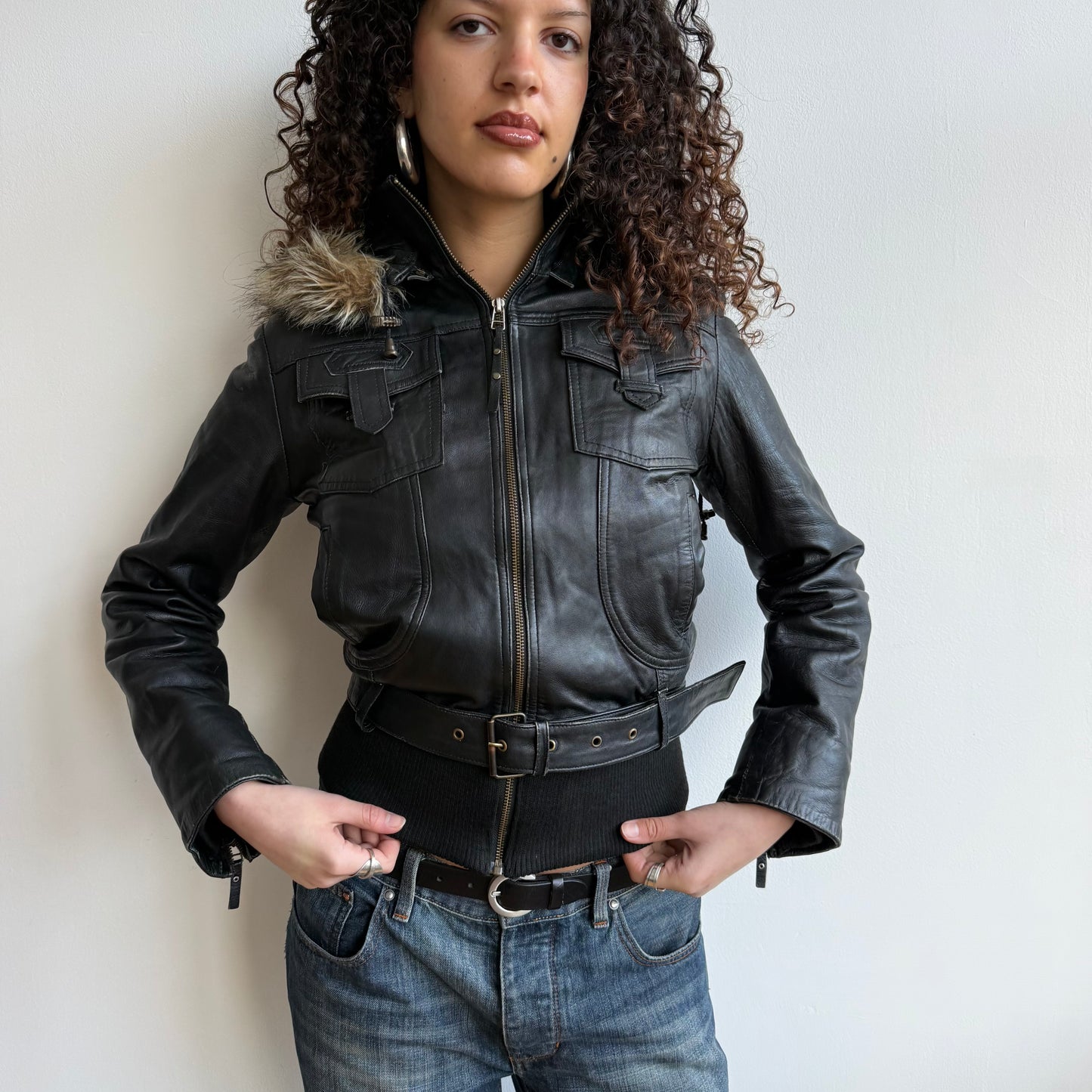Black leather buckle belt fur trim bomber - Size M