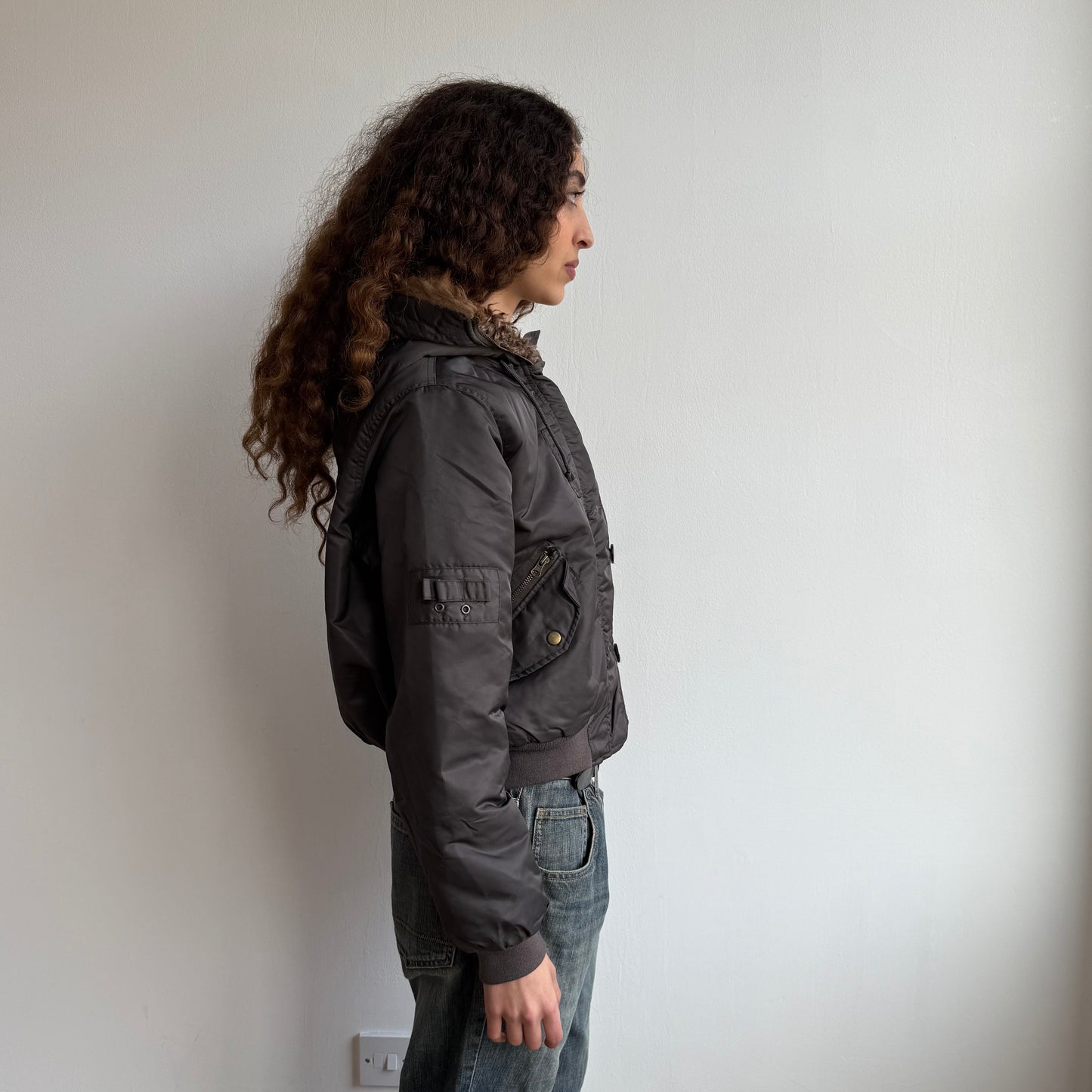 Brown faux fur hood bomber - Size M