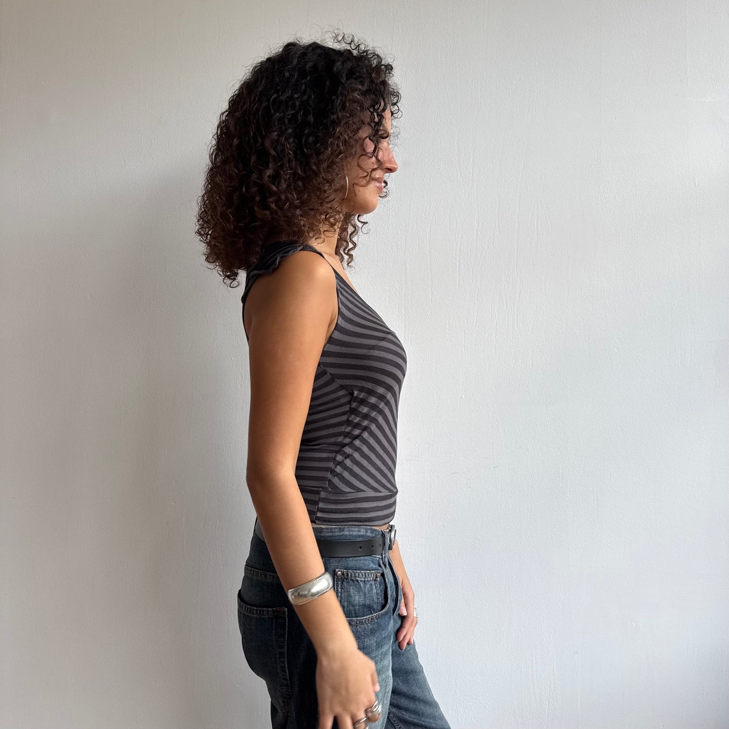 Black + grey stripe wrap top - Size S