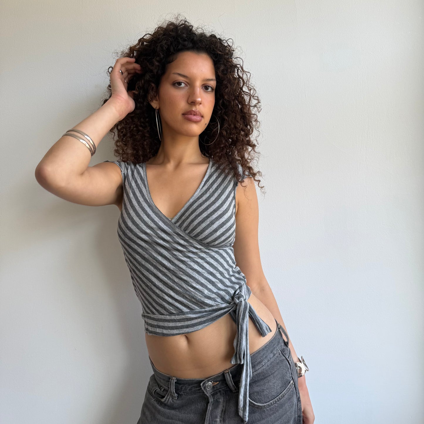 Grey wrap tie-side top - Size S