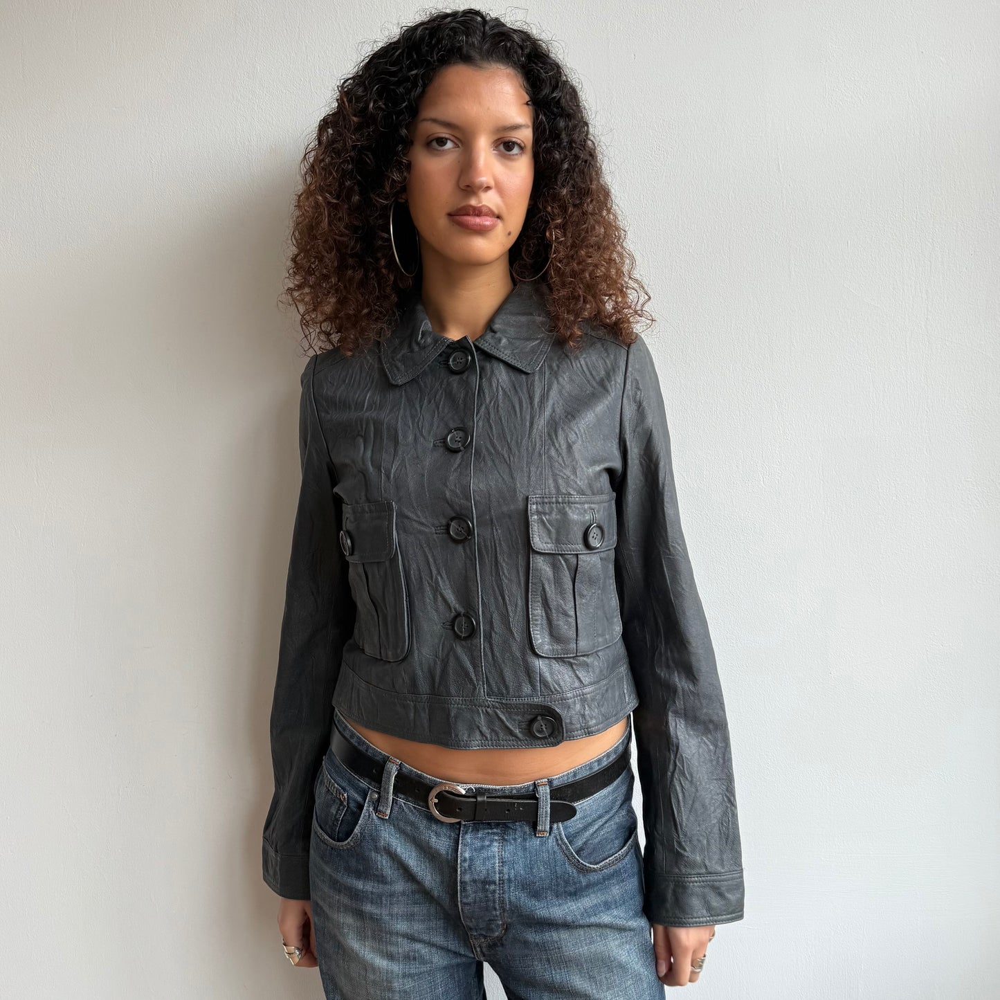 Charcoal leather button jacket - Size S + M