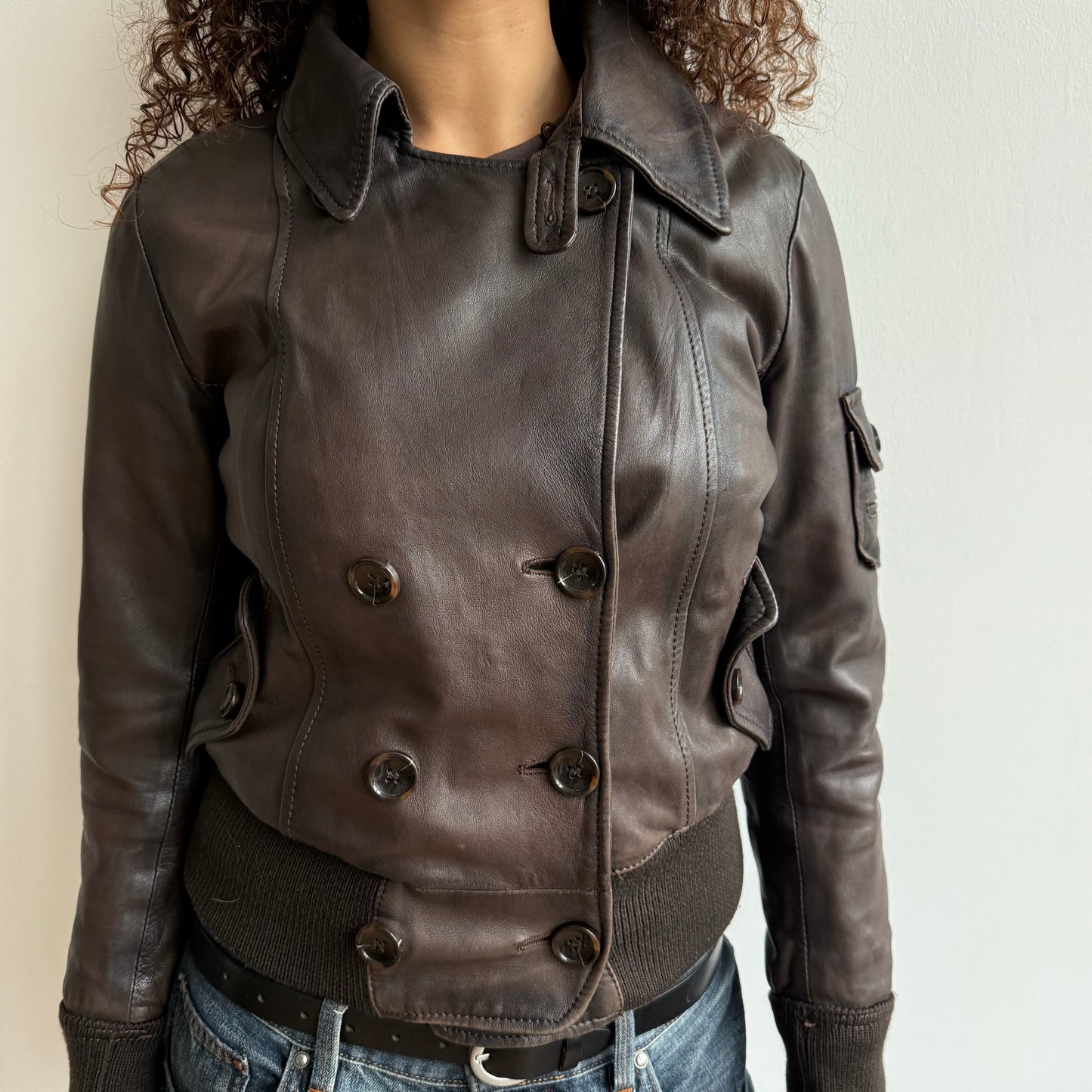 Brown leather moto bomber - Size S