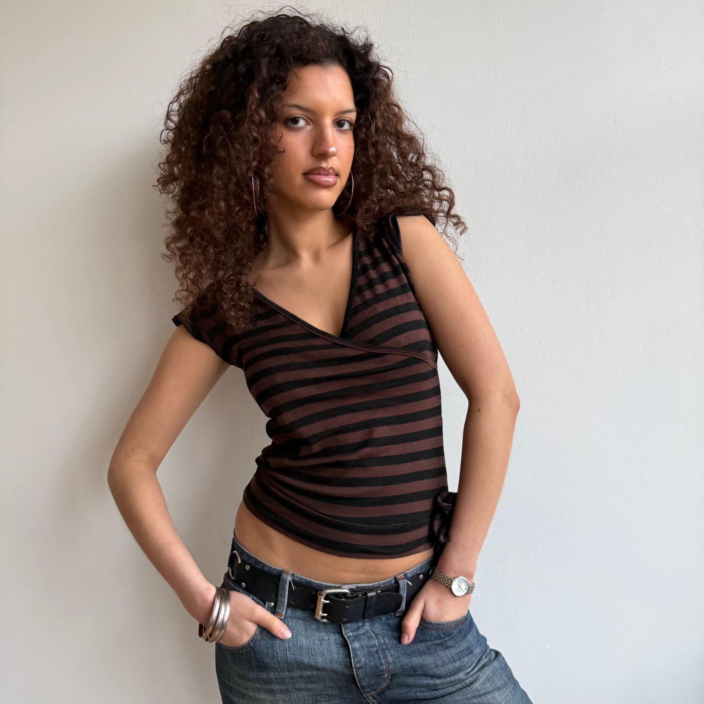 Brown striped ballet wrap top - Size M