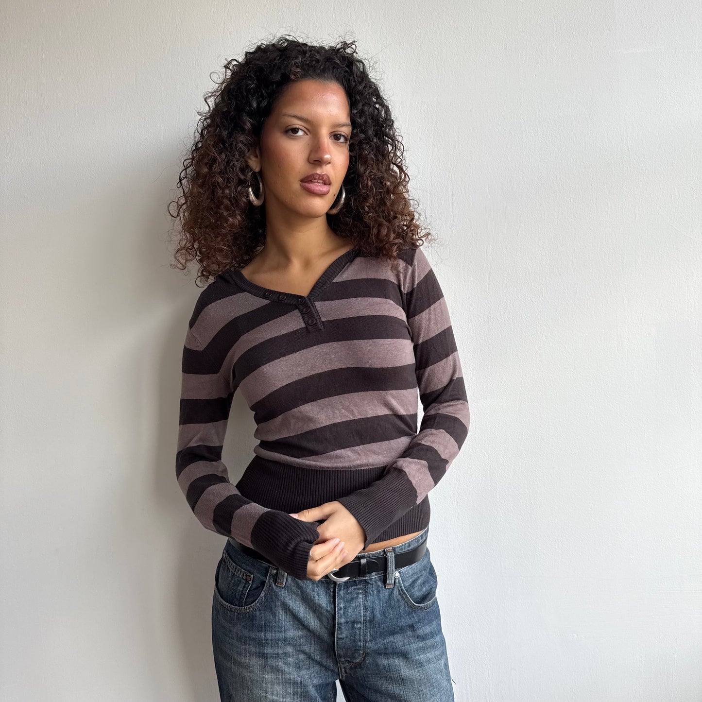 Brown striped knit hoodie - Size M-L