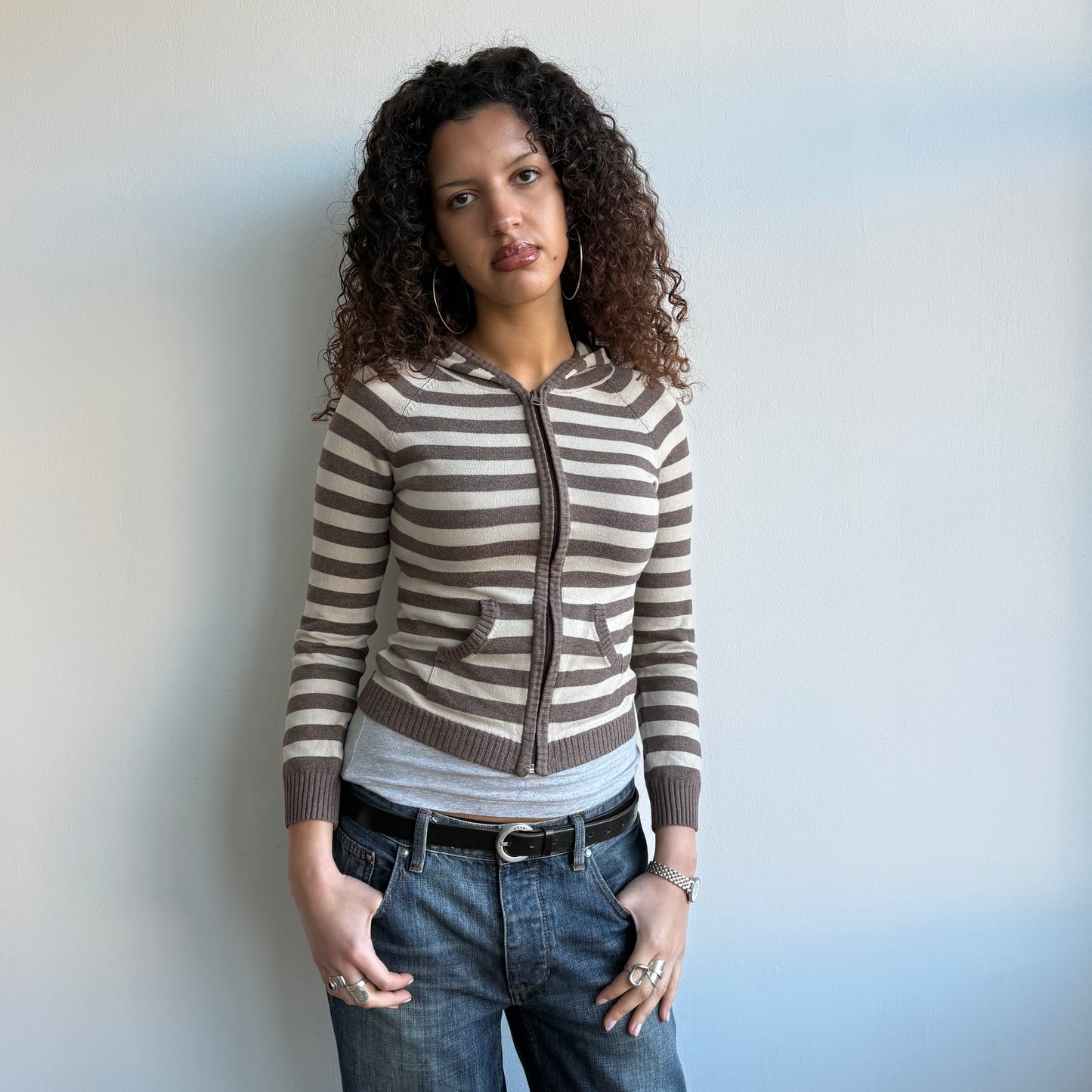 Brown striped knit hoodie - Size XS/S