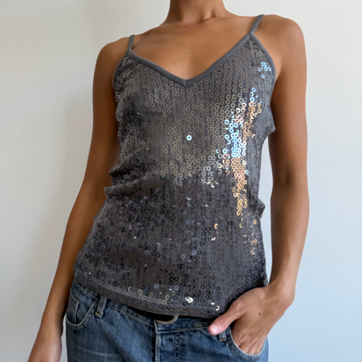 Grey sequin cami top - Size S