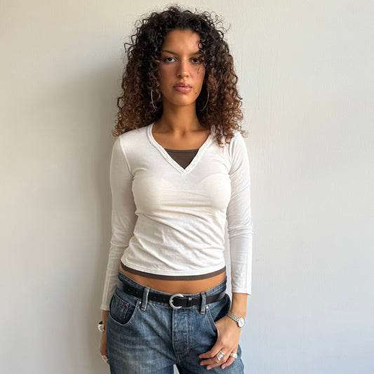 Cream + brown double layer top - Size M