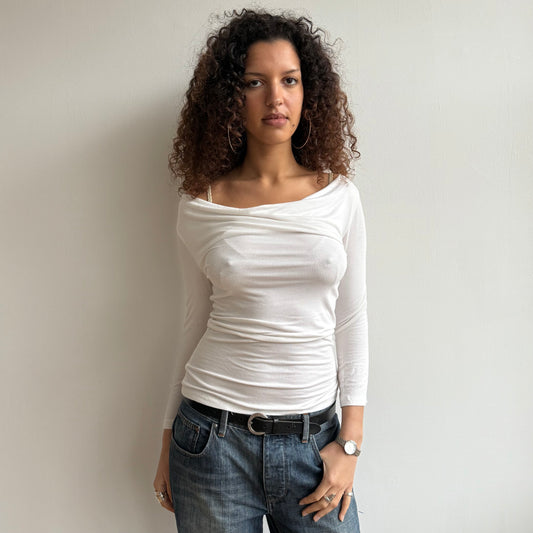 White slouchy cowl 3/4 sleeve top - Size S/M