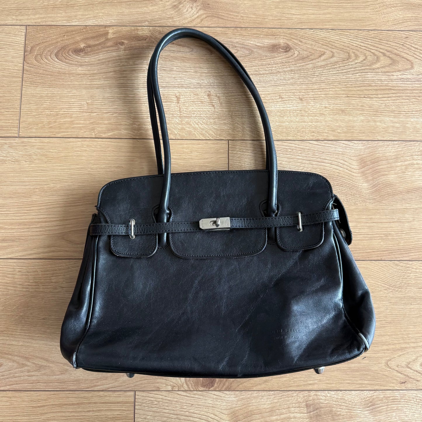 Black leather firkin bag - One Size