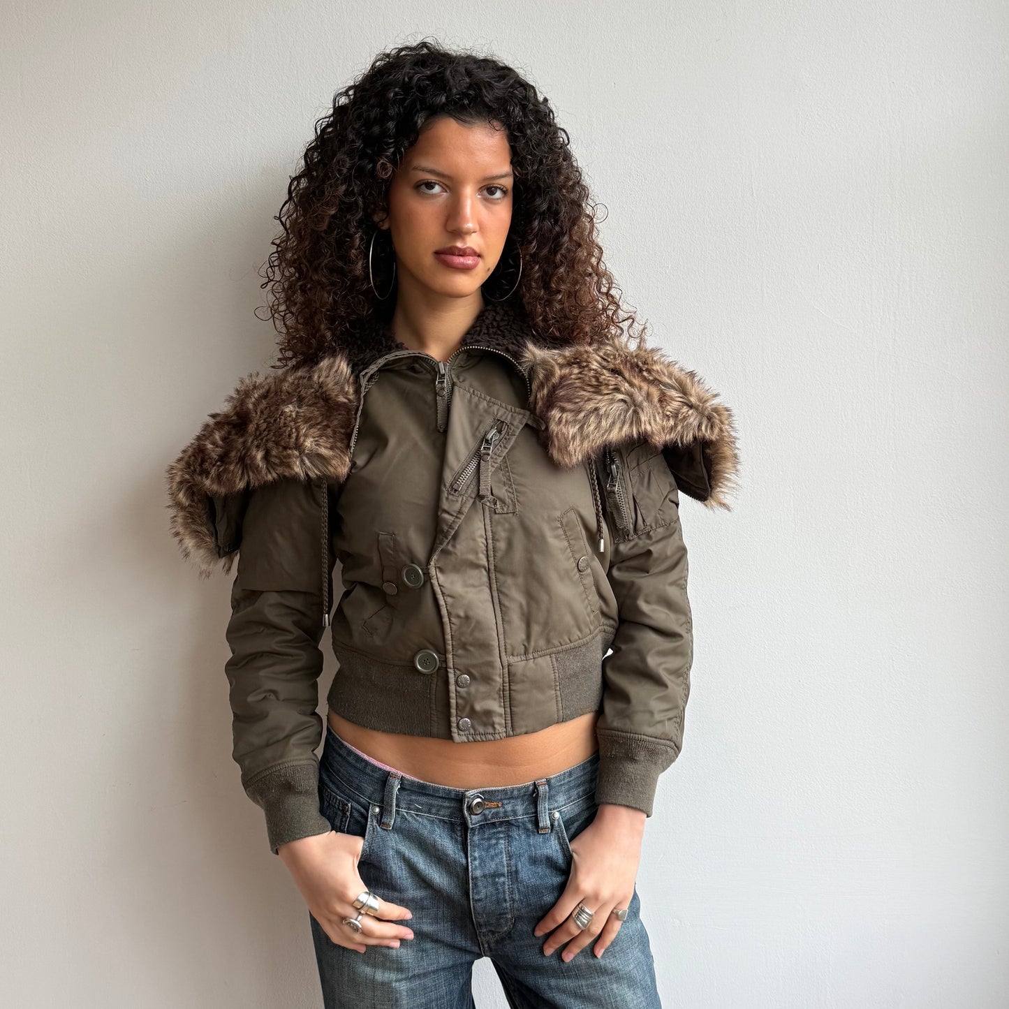 Khaki aviator bomber fur hood - Size S/M