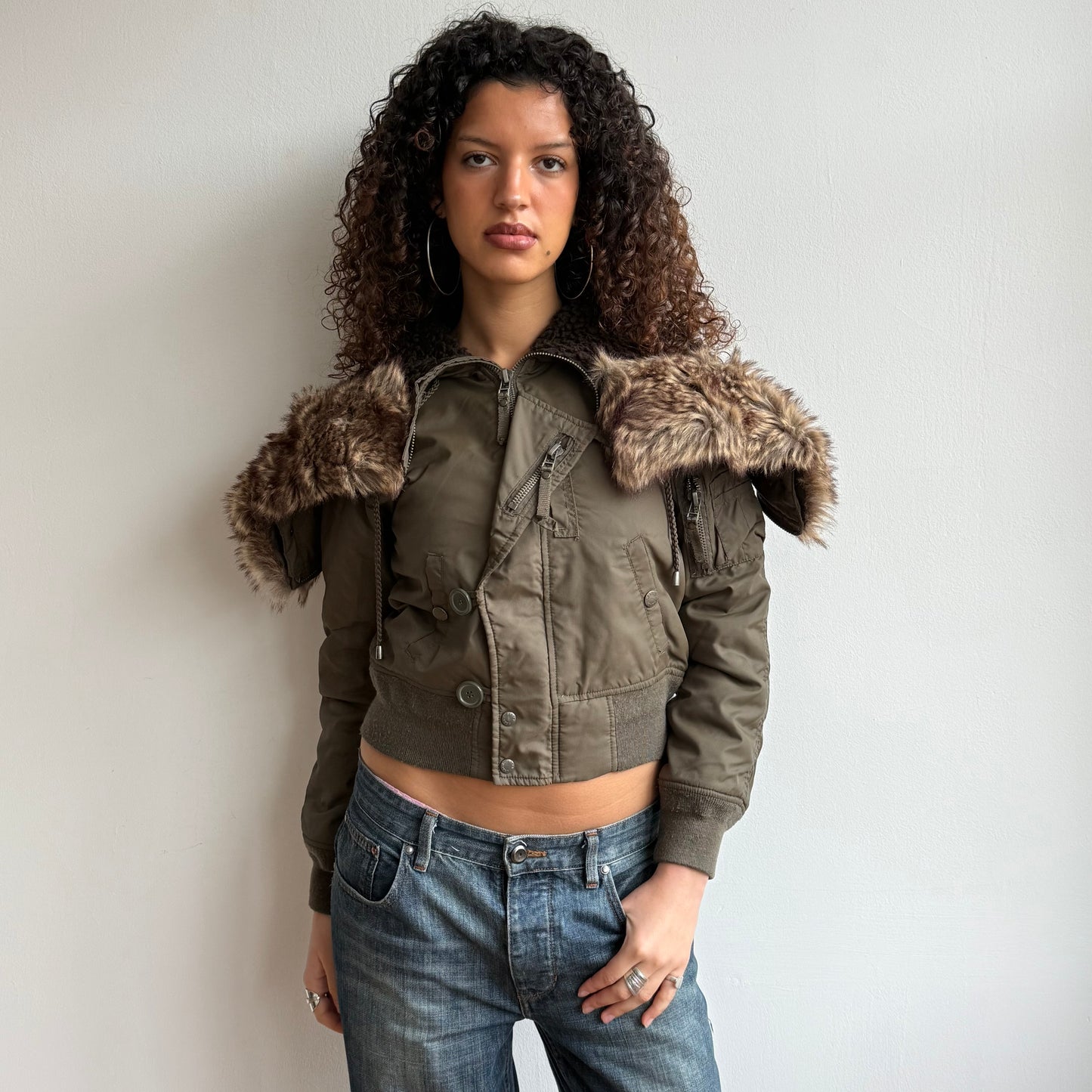 Khaki aviator bomber fur hood - Size S/M