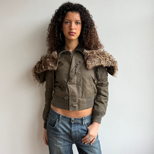 Khaki aviator bomber fur hood - Size S/M
