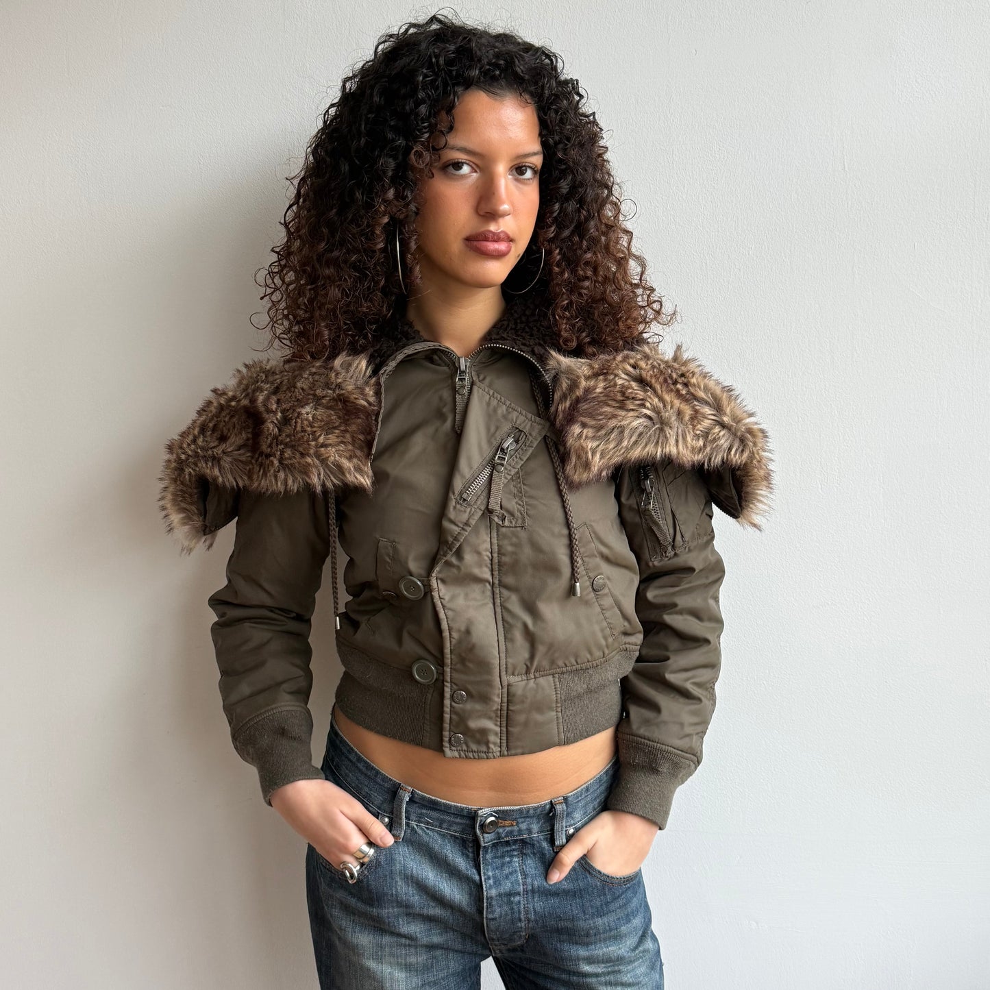 Khaki aviator bomber fur hood - Size S/M