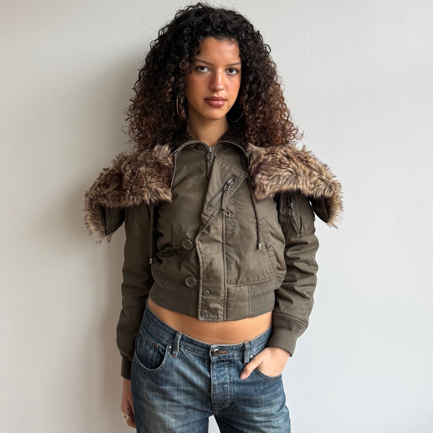 Khaki aviator bomber fur hood - Size S/M