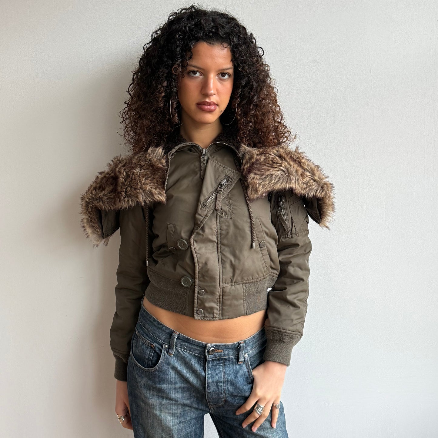 Khaki aviator bomber fur hood - Size S/M