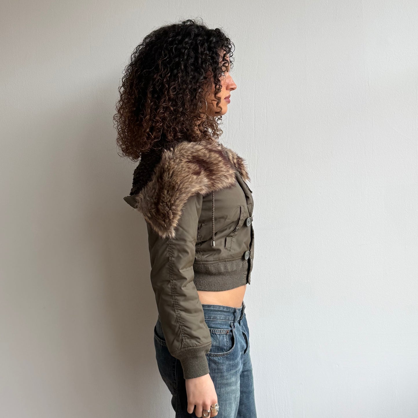 Khaki aviator bomber fur hood - Size S/M