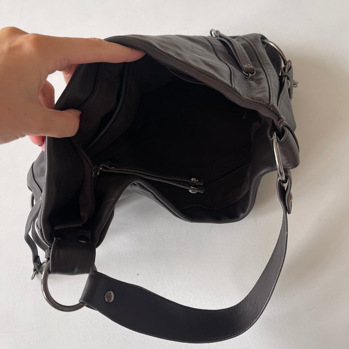 Brown leather crescent bag
