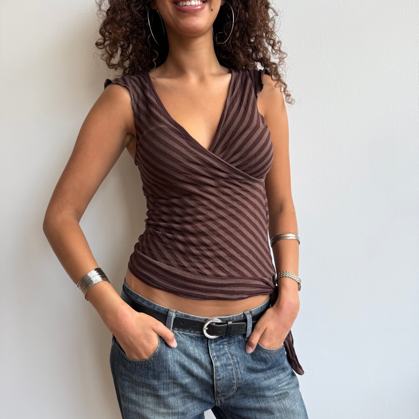 Brown wrap tie-side top - Size S