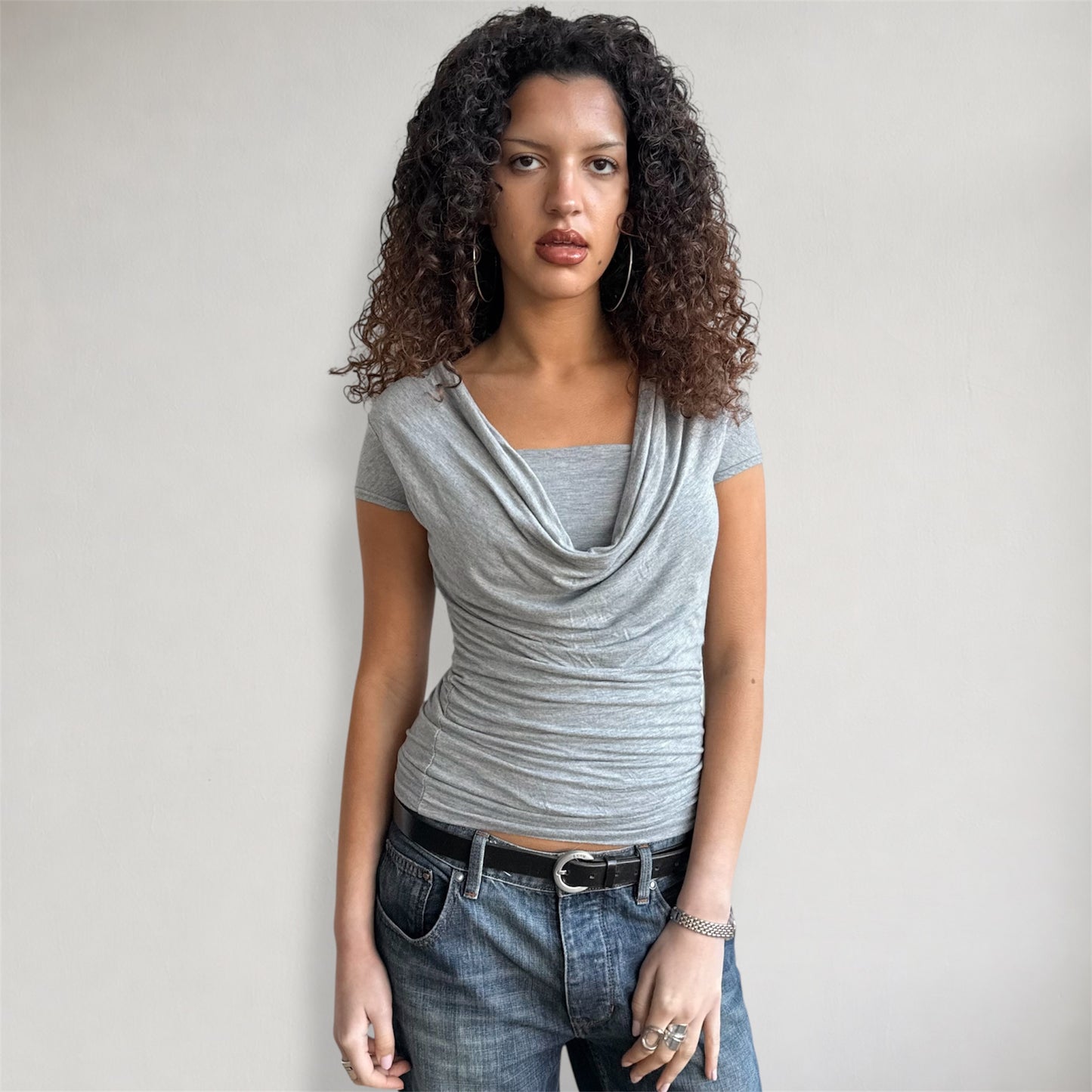 Grey short sleeve cowl top - Size S/M