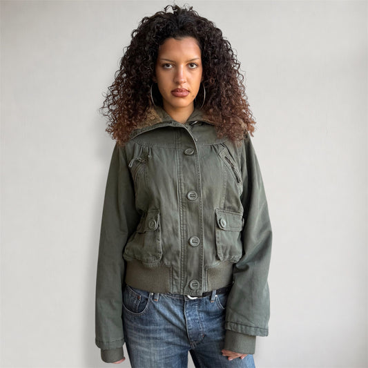Khaki faux fur hood bomber - Size M