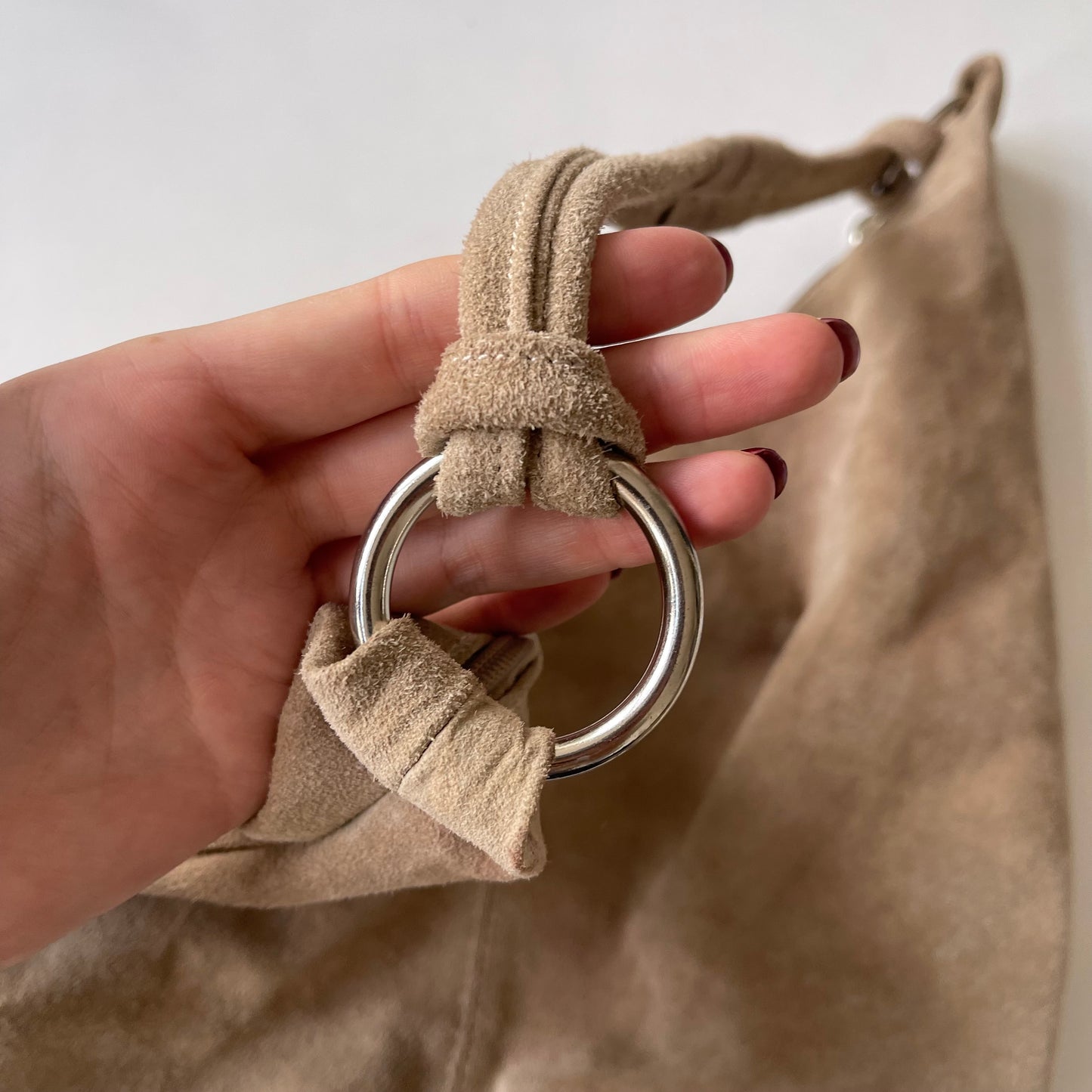 Beige suede hobo bag