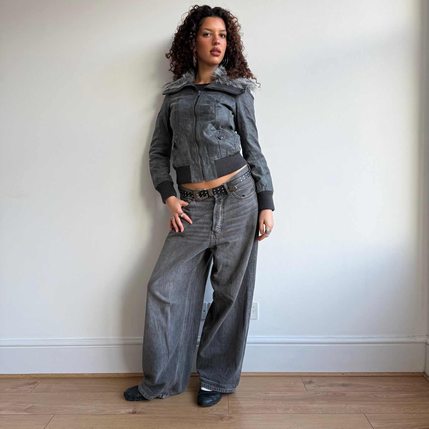 Leather fur bomber - Size S