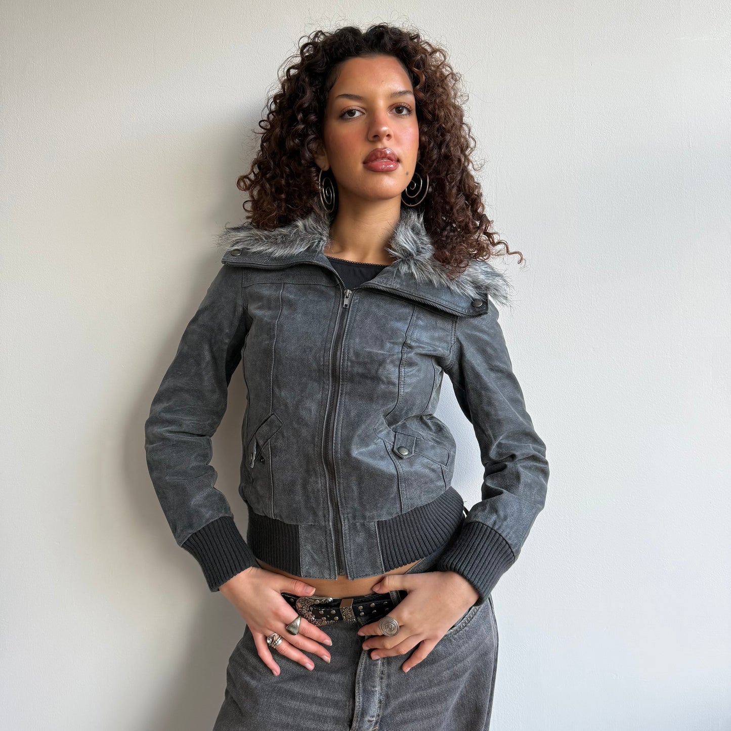 Leather fur bomber - Size S