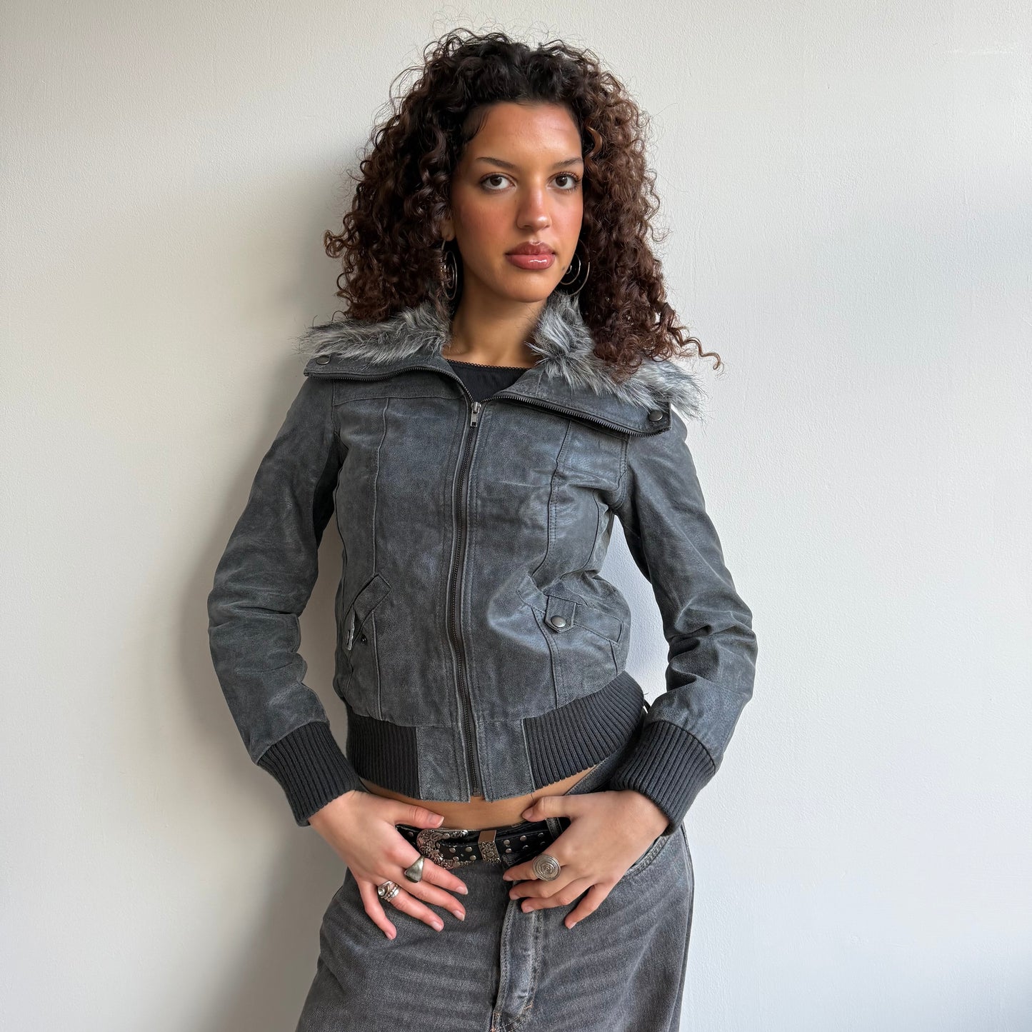 Leather fur bomber - Size S