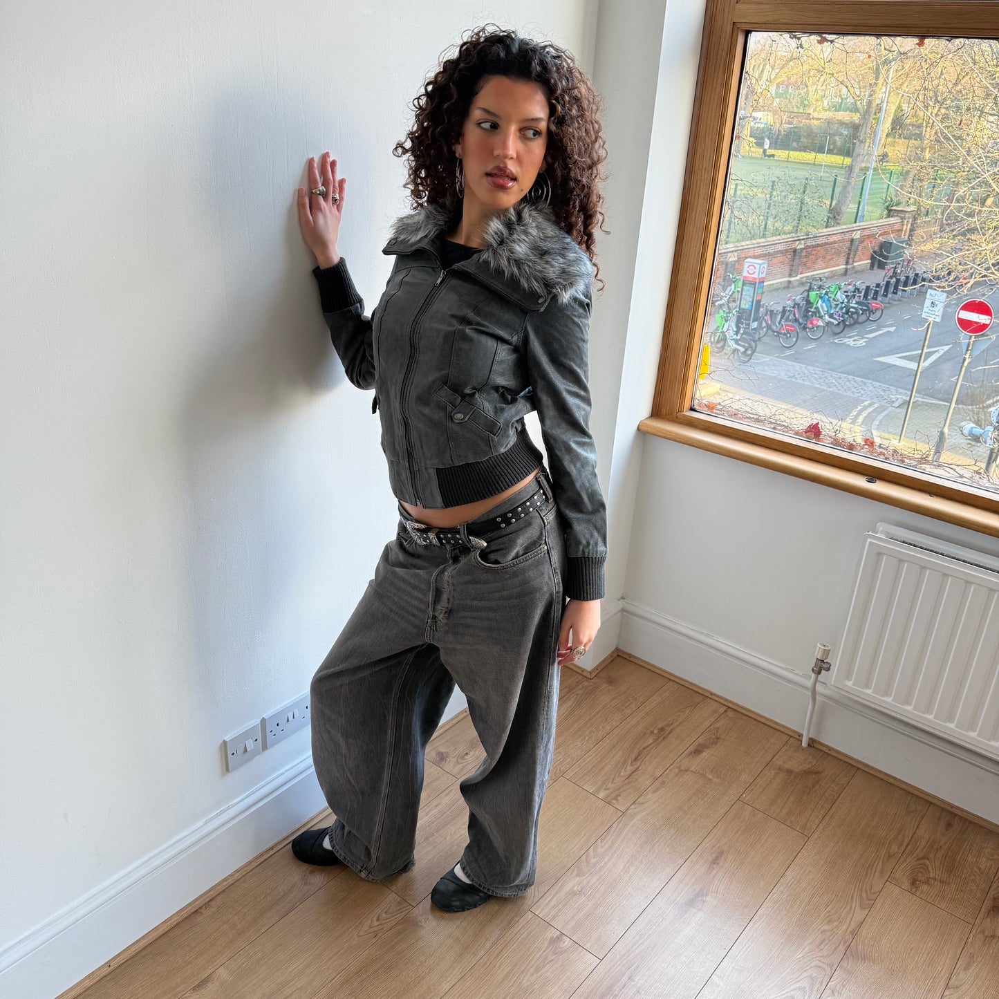 Leather fur bomber - Size S