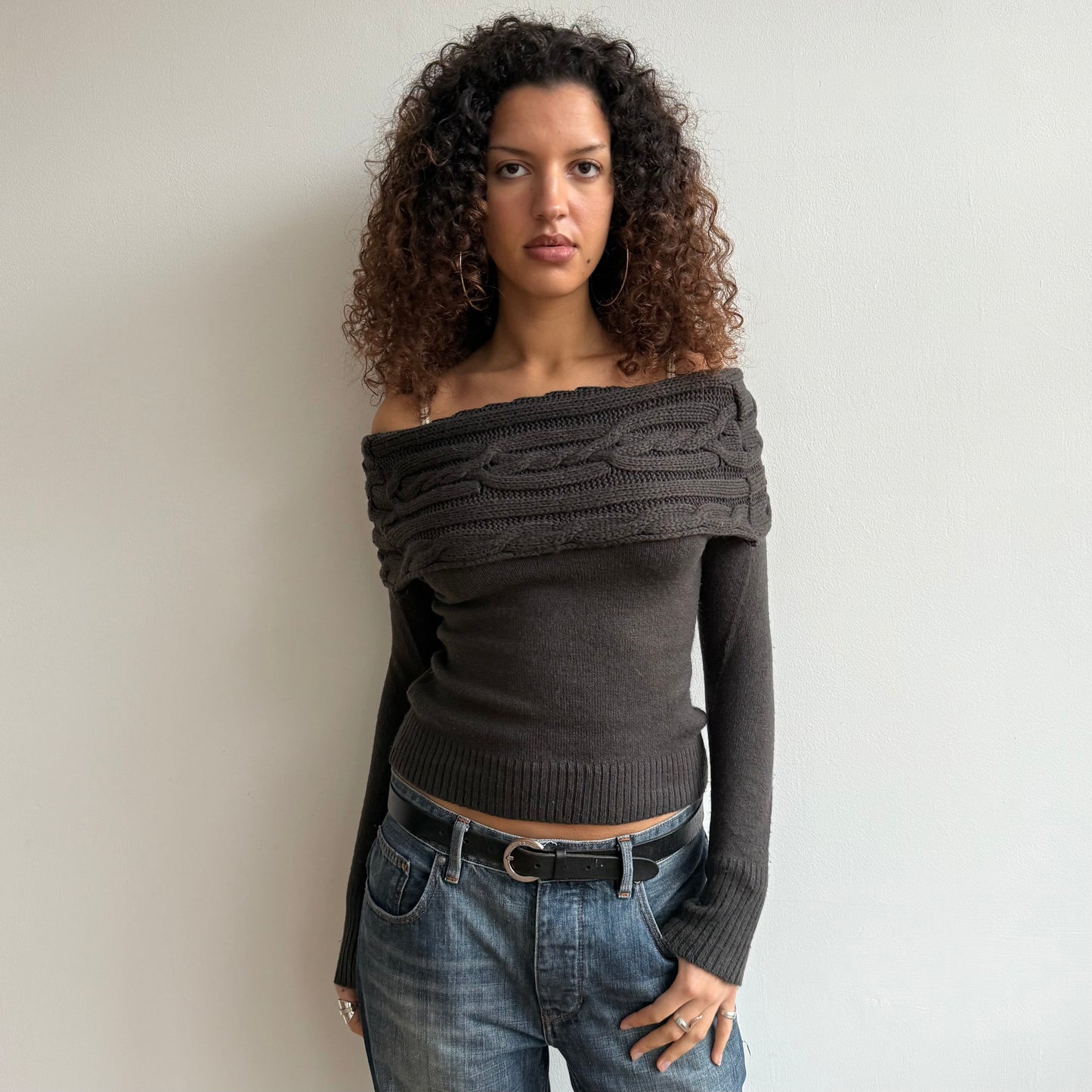 Brown cable knit bardot knit - Size S