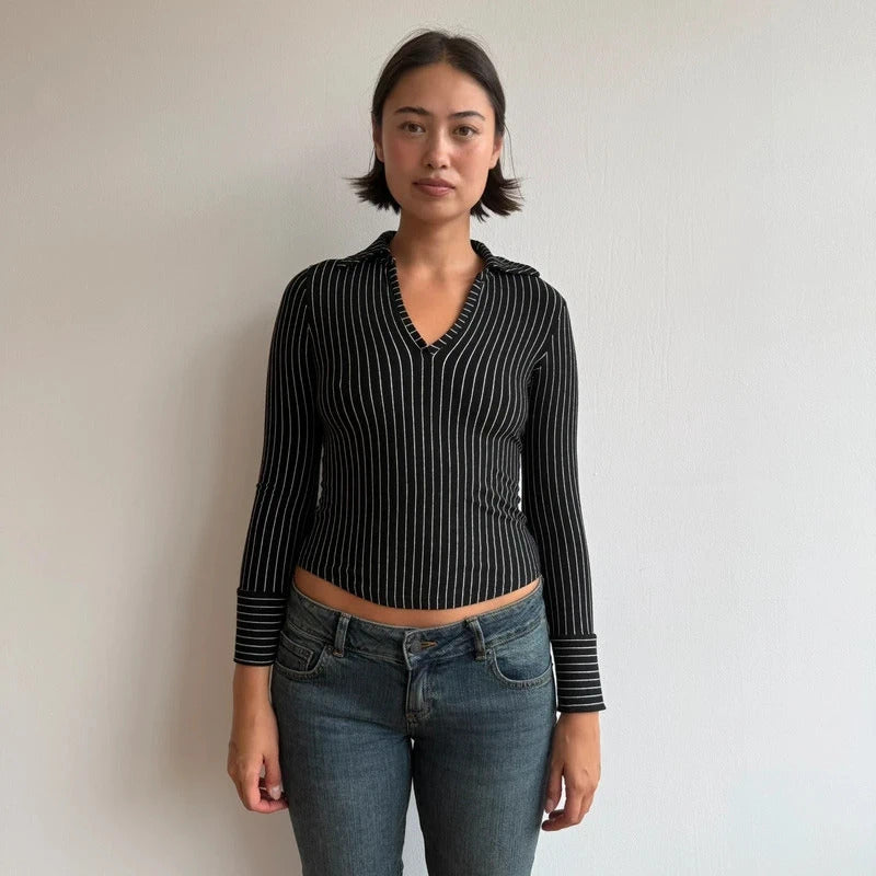 Black striped long sleeve collar top - Size S