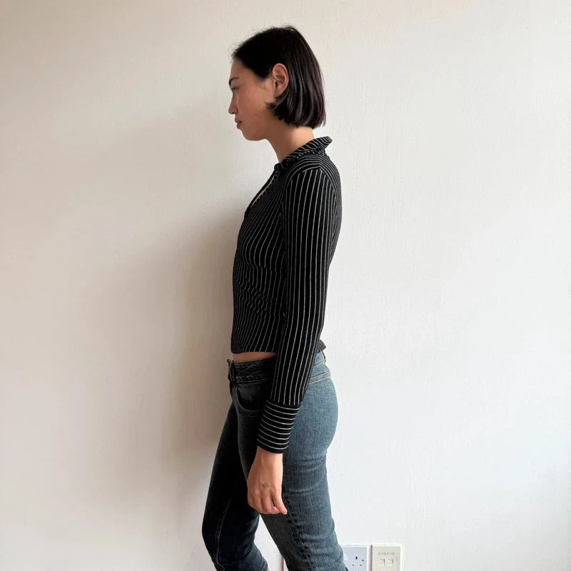 Black striped long sleeve collar top - Size S
