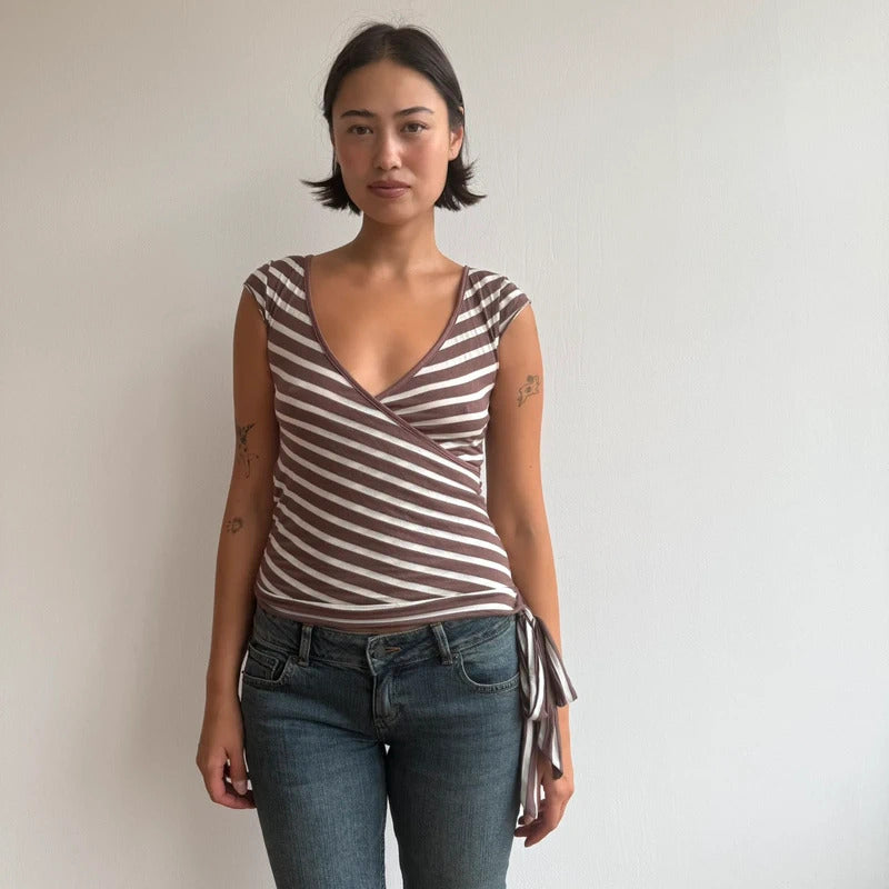 Brown and white striped ballet tie side top - Size S