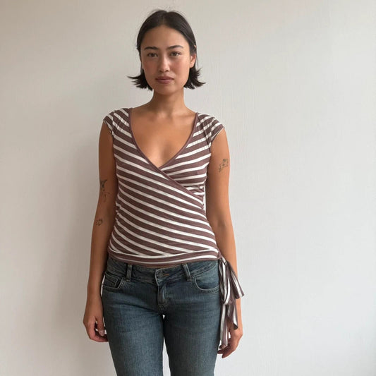 Brown and white striped ballet tie side top - Size S