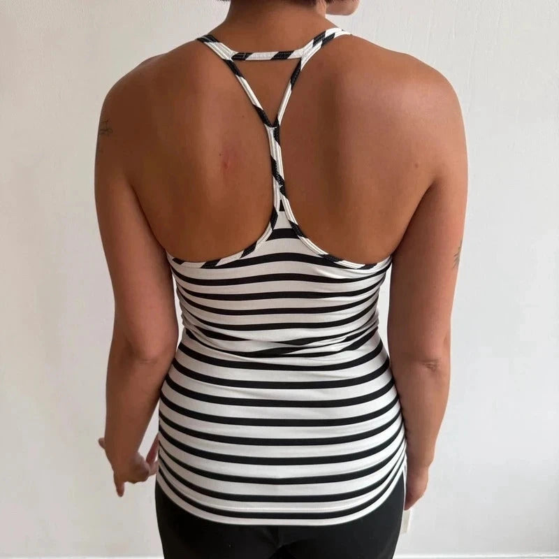 Reebok black + white striped gym top - Size S