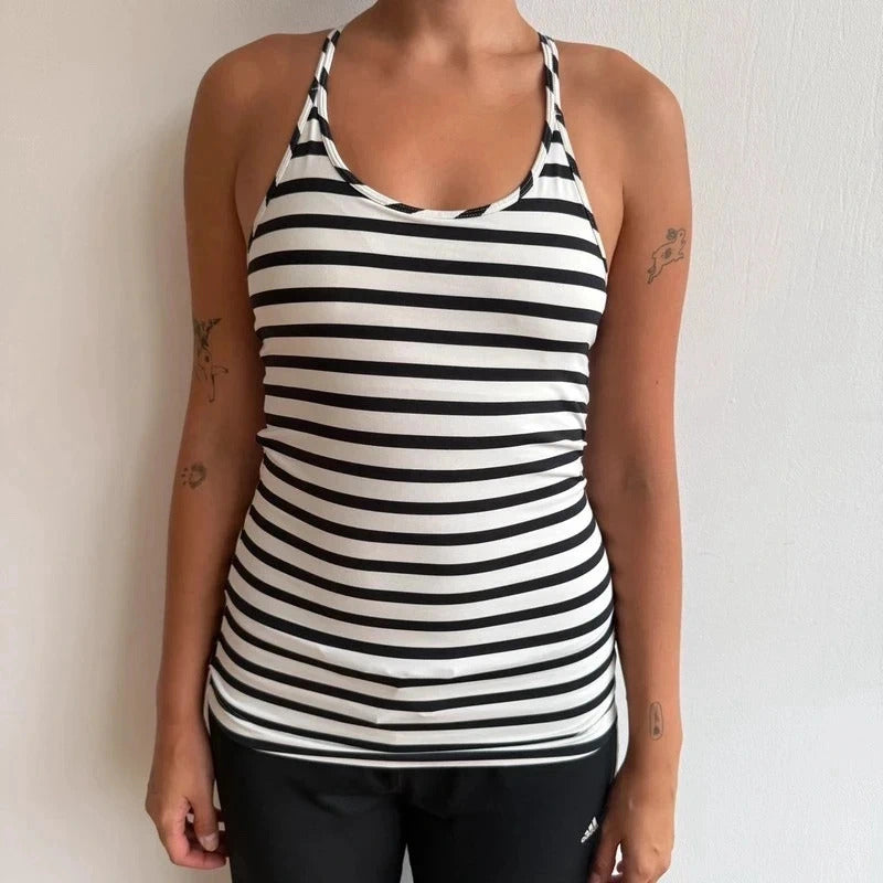 Reebok black + white striped gym top - Size S