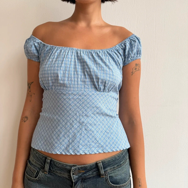 Blue check backless milkmaid top - Size S-M