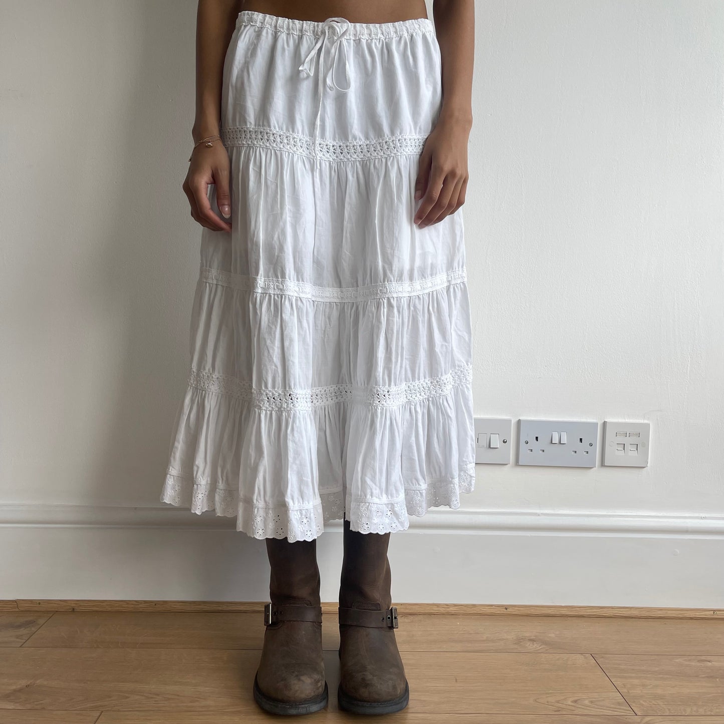 White boho broderie midi skirt - Size S