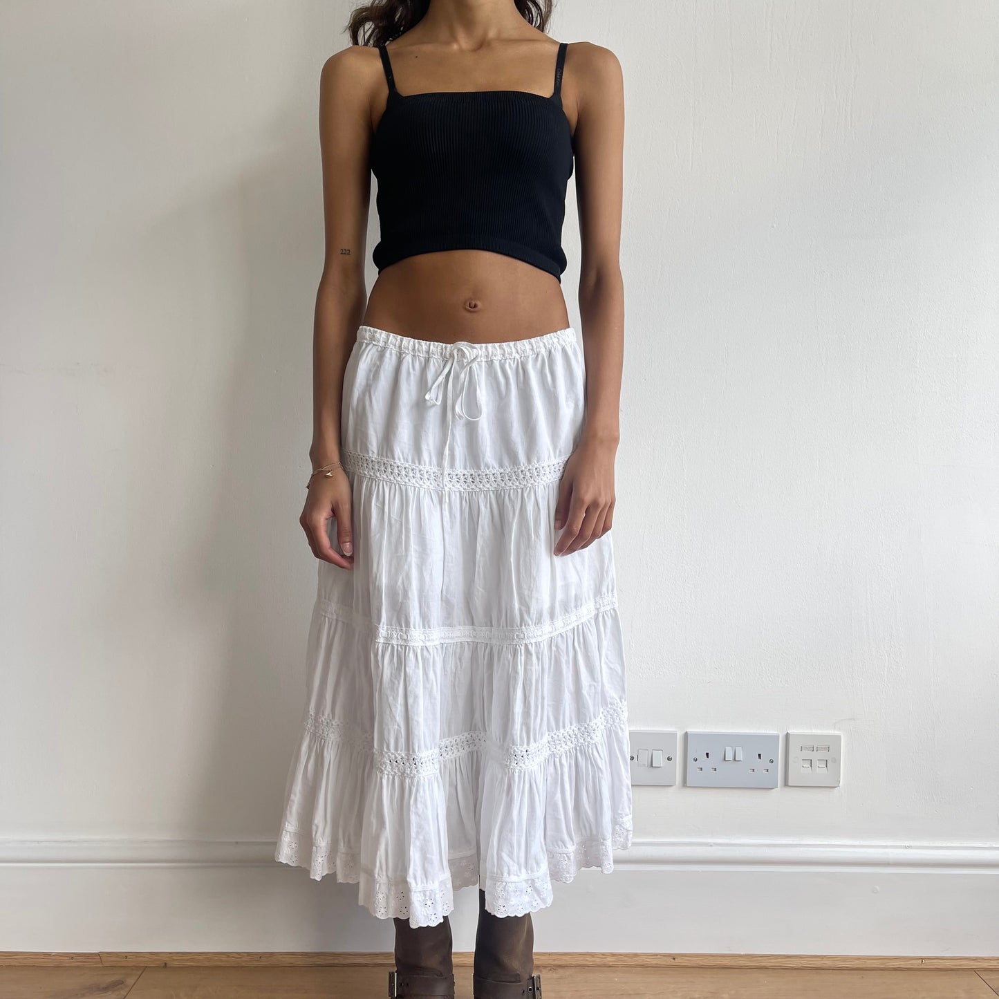 White boho broderie midi skirt - Size S