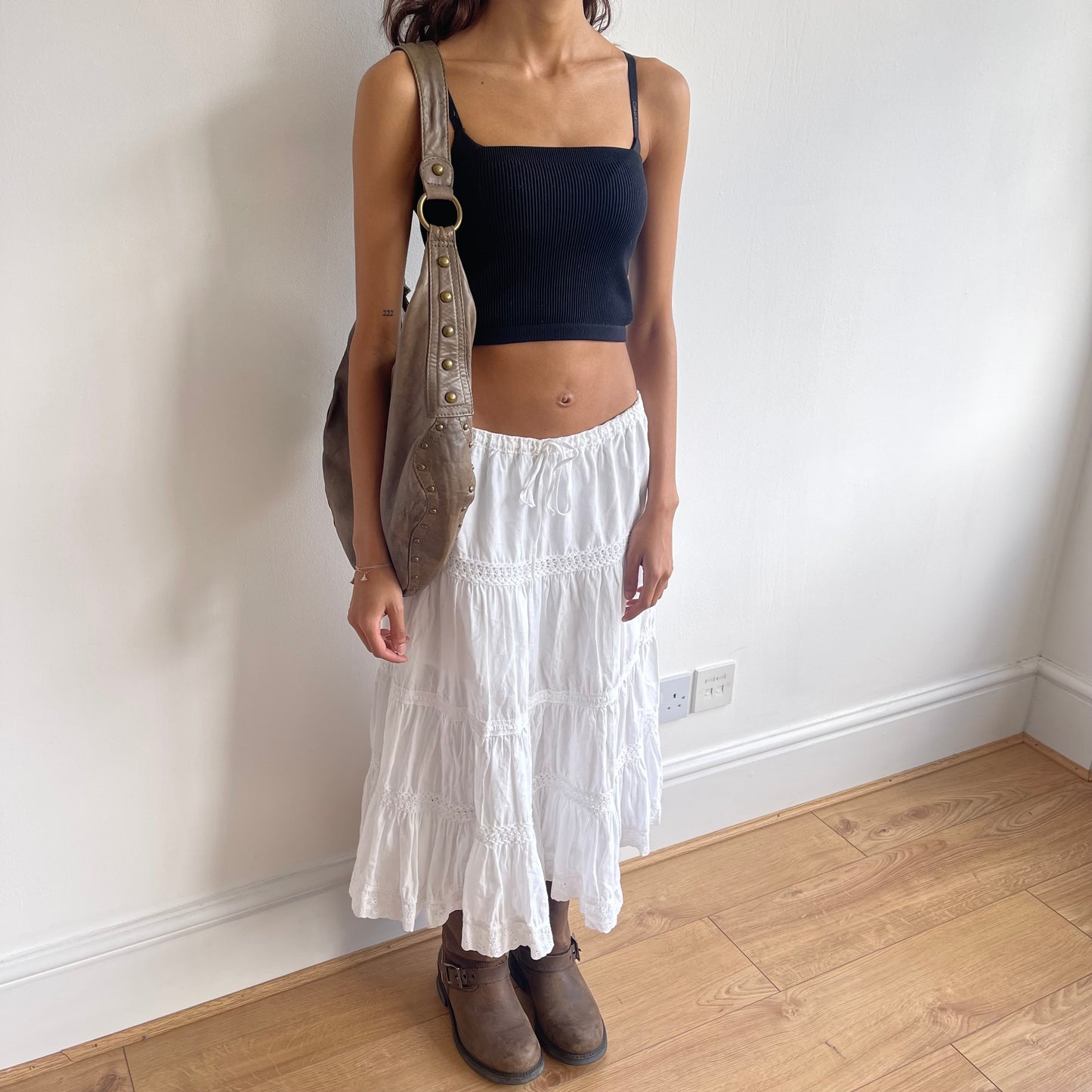 White boho broderie midi skirt - Size S