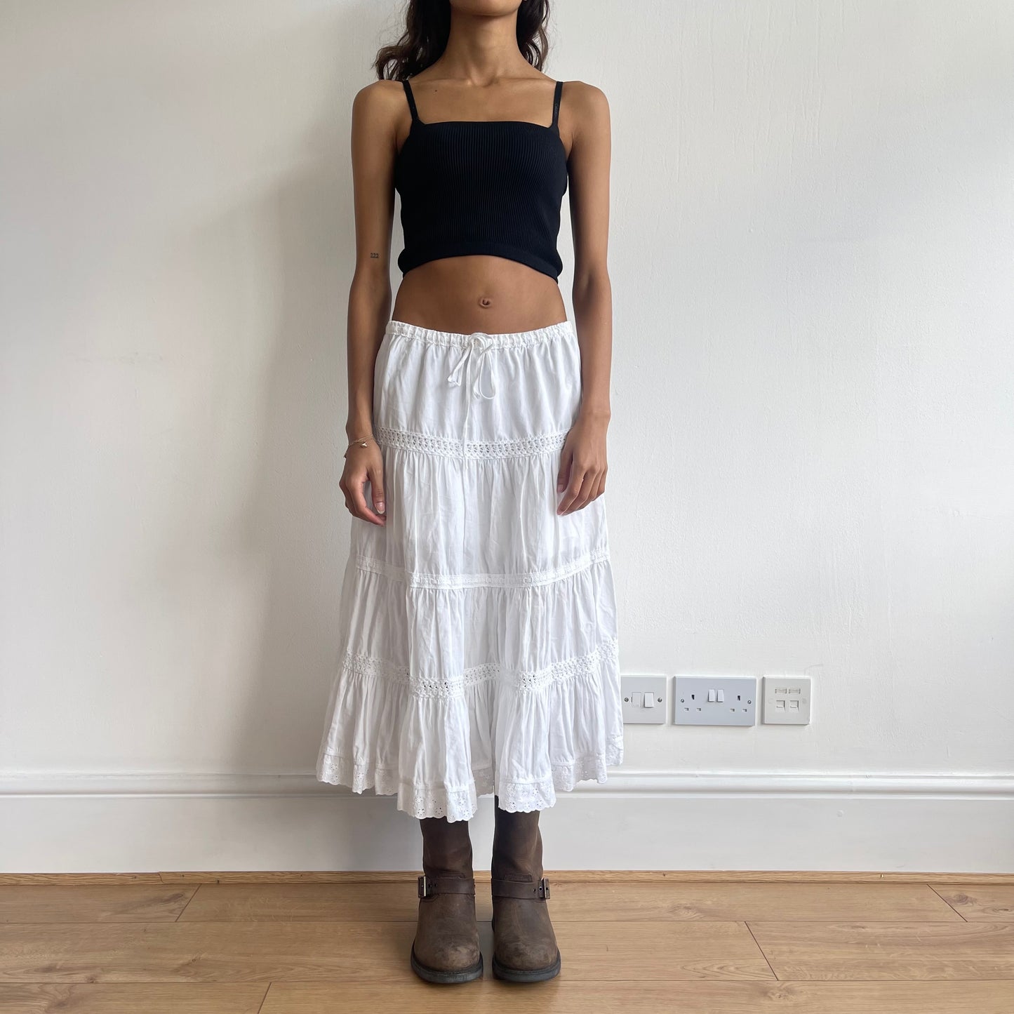 White boho broderie midi skirt - Size S