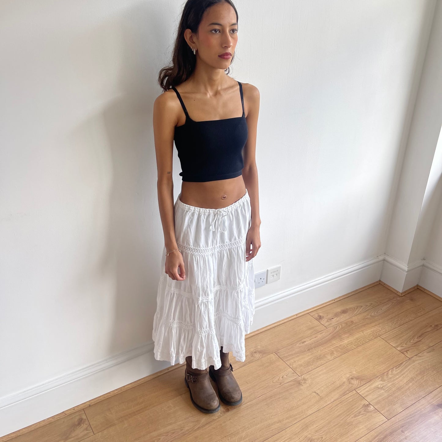 White boho broderie midi skirt - Size S