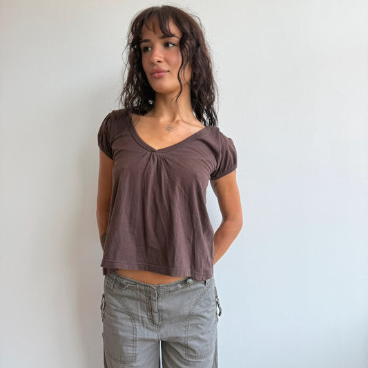 Darker brown hooded tshirt top - Size S